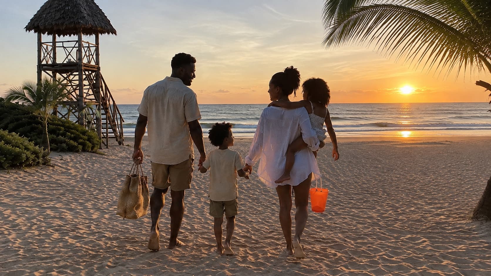 Família caminhando na praia ao pôr do sol
